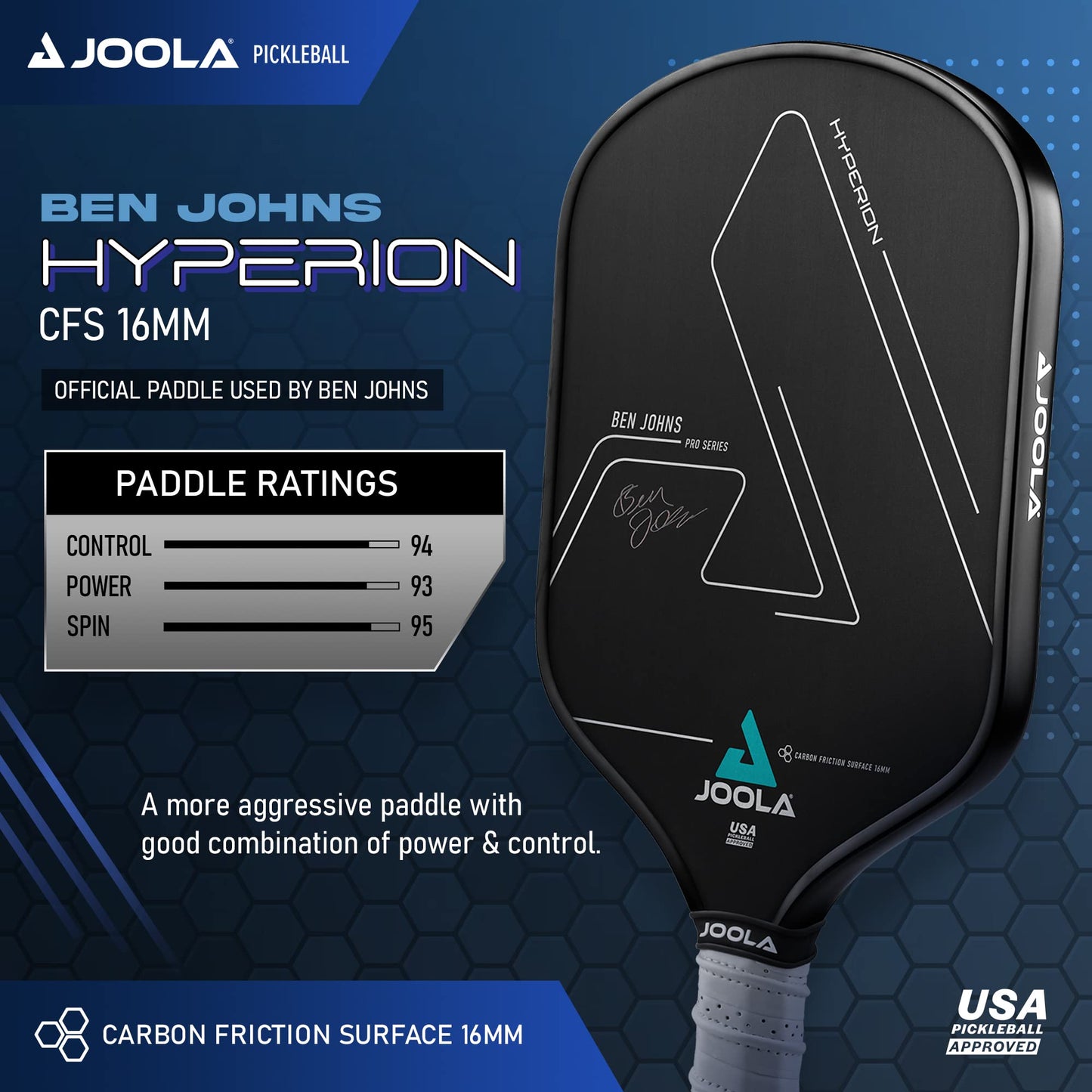 JOOLA Ben Johns Hyperion Pickleball Paddle - Carbon Surface & Sure-Grip Elongated Handle - Increased Power and Spin - Carbon Fiber Pickleball Paddle - Honeycomb Polypropylene Core - USAPA Approved