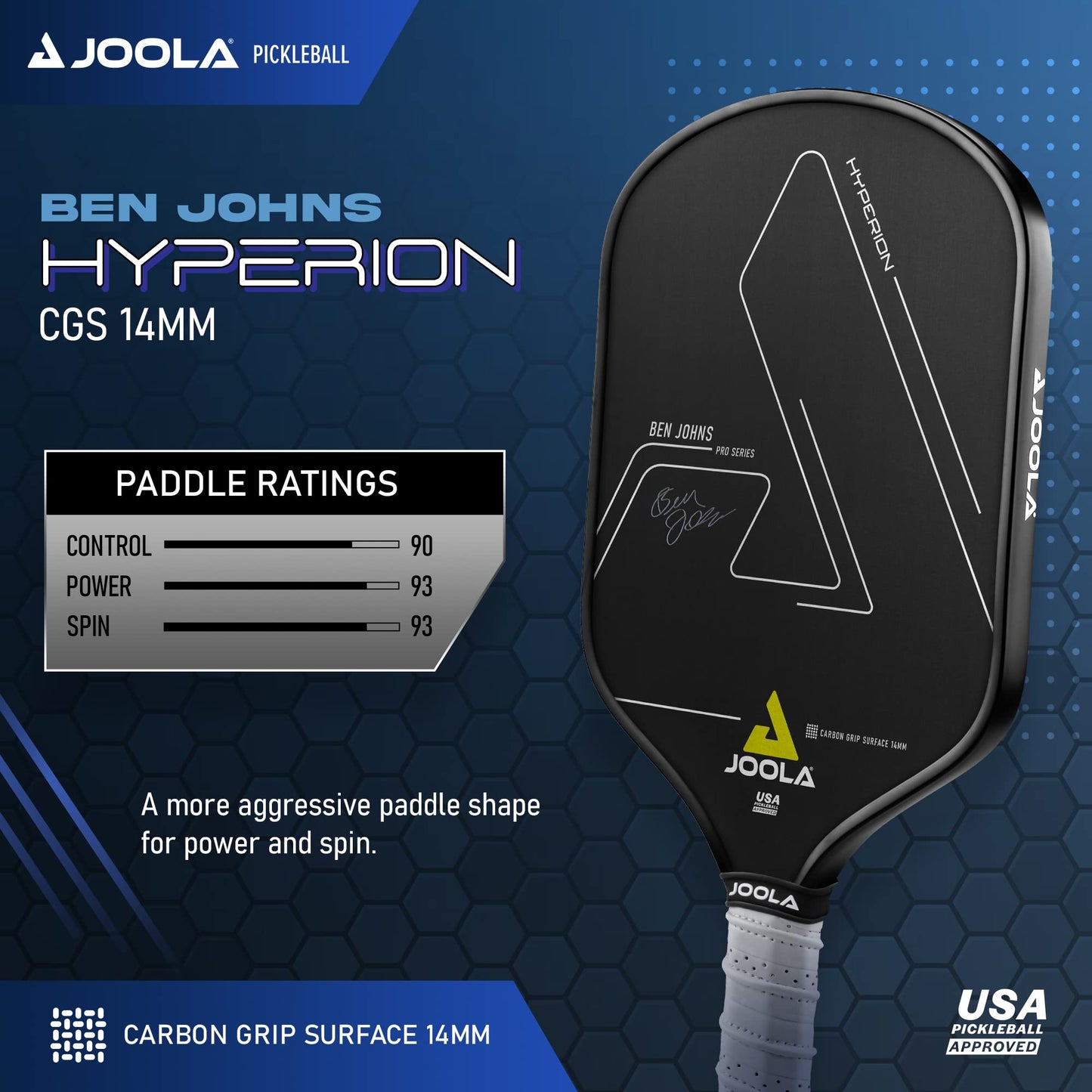 JOOLA Ben Johns Hyperion Pickleball Paddle - Carbon Surface & Sure-Grip Elongated Handle - Increased Power and Spin - Carbon Fiber Pickleball Paddle - Honeycomb Polypropylene Core - USAPA Approved