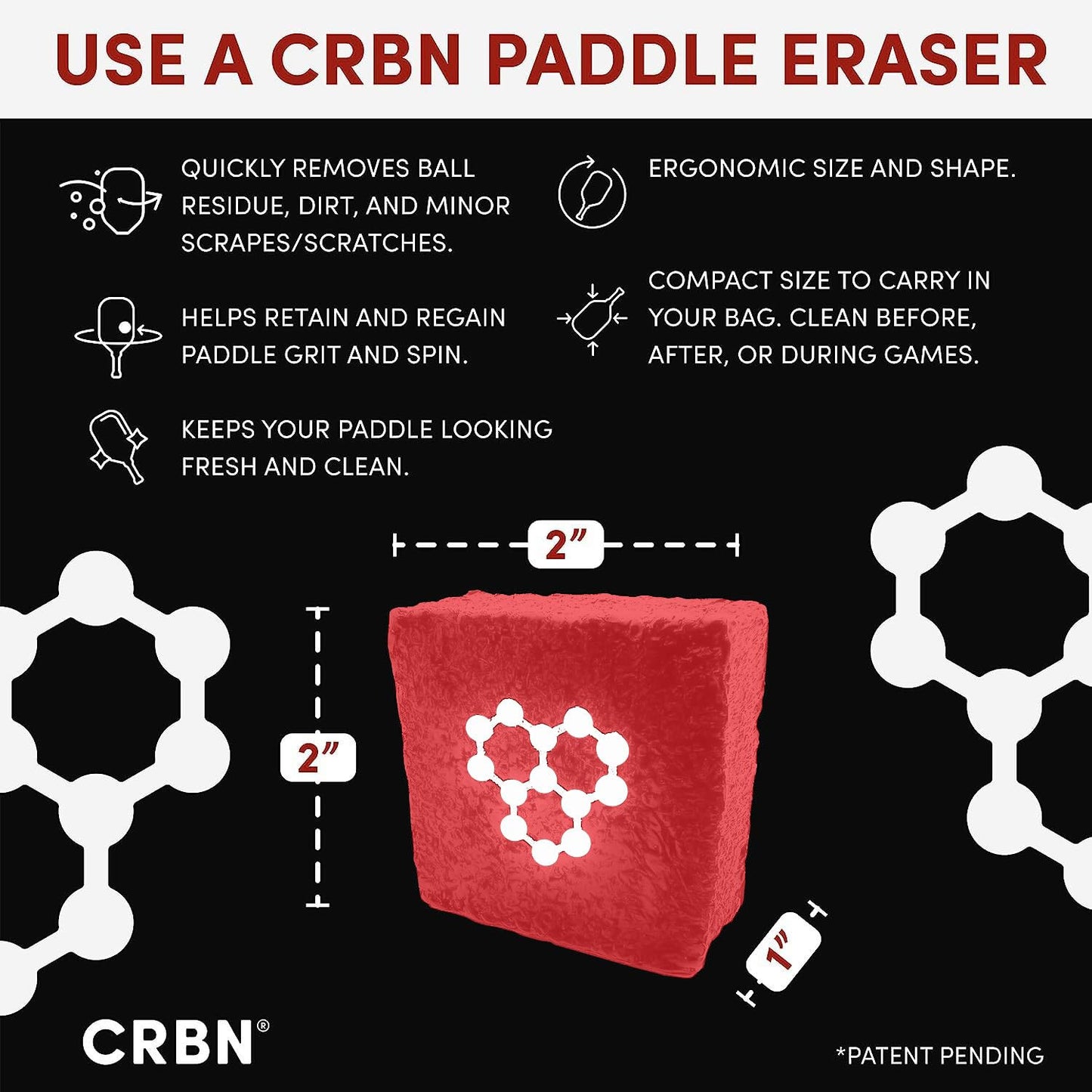 CRBN Pickleball Paddle Eraser, Best Carbon Fiber Pickle Ball Racket Cleaner, Fast & Easy Rubber Bar to Remove Ball Residue, Dirt, & Minor Scrapes/Scratches