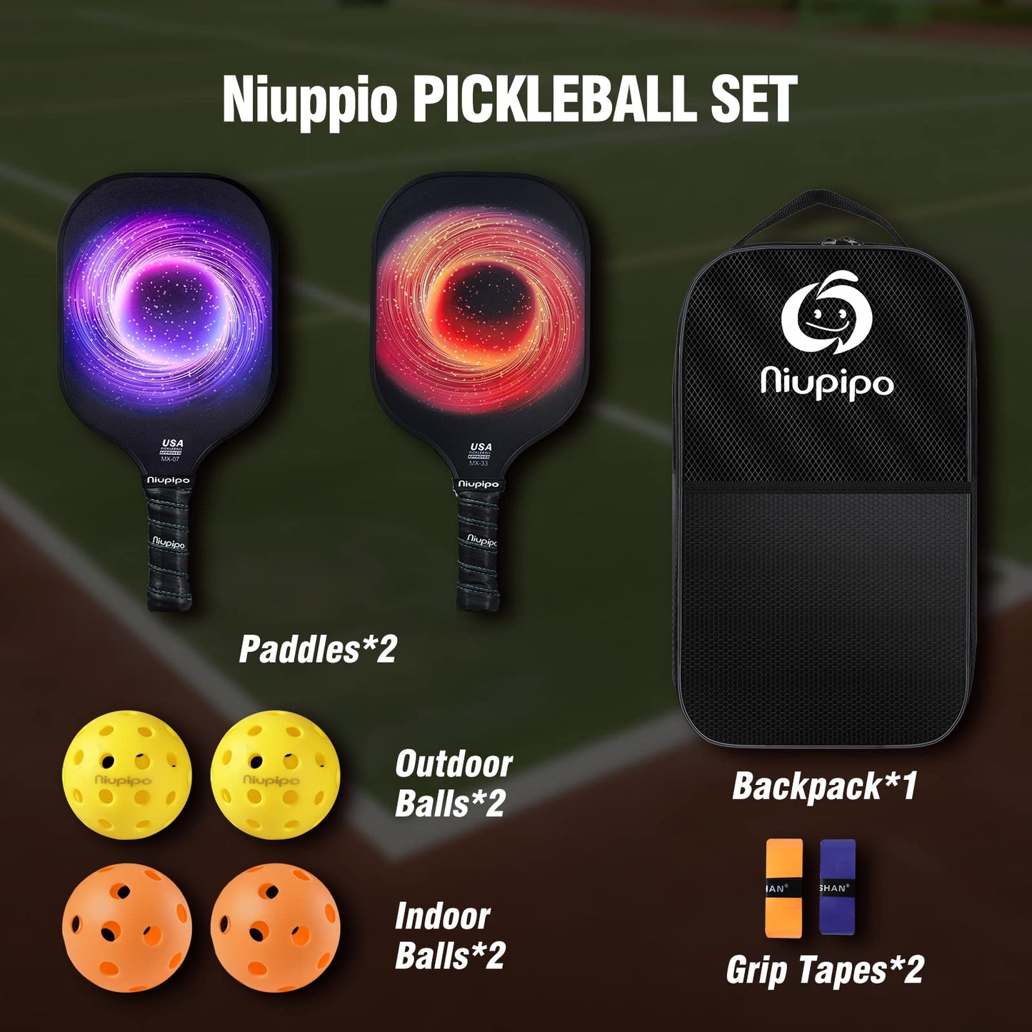 niupipo Pickleball Paddles, USAPA Approved Lightweight Pickleball Rackets, Durable Fiberglass Pickleball Paddles Set with Polypropylene Honeycomb Core