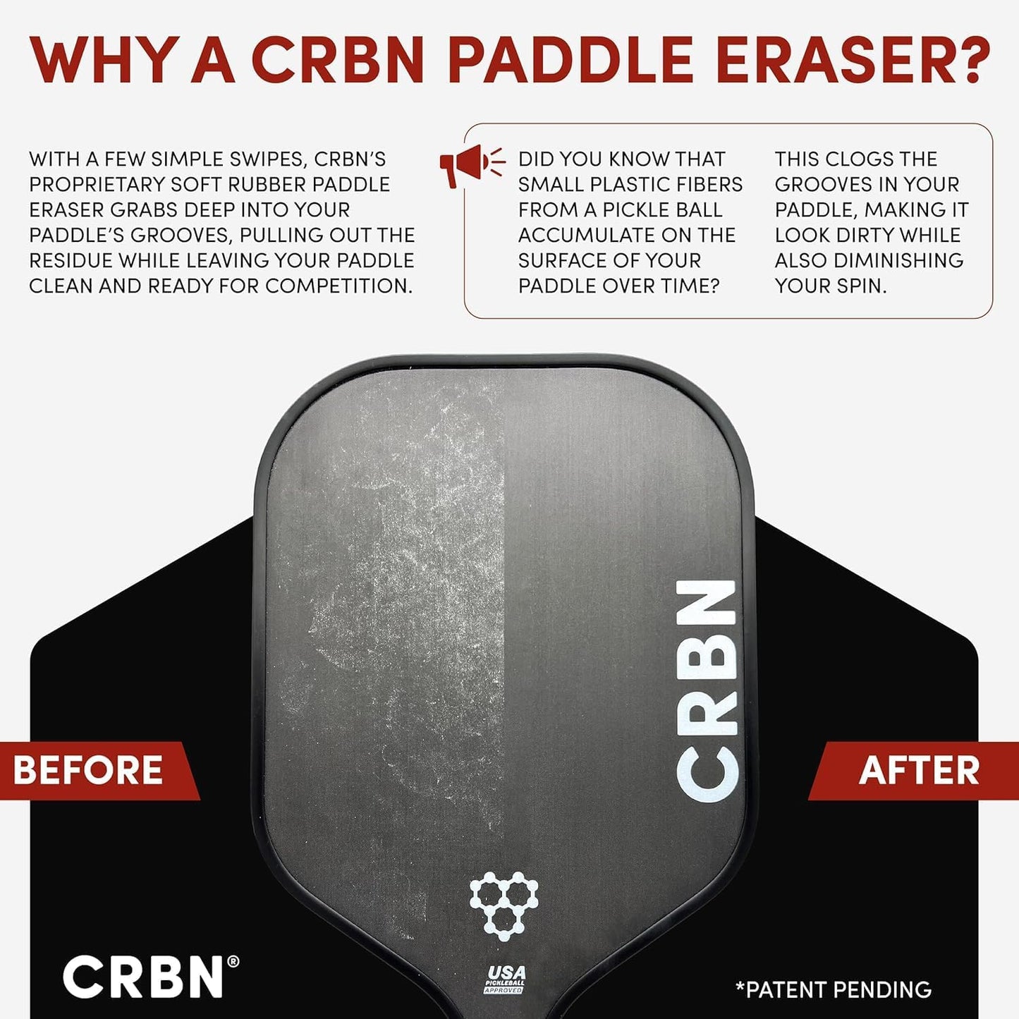 CRBN Pickleball Paddle Eraser, Best Carbon Fiber Pickle Ball Racket Cleaner, Fast & Easy Rubber Bar to Remove Ball Residue, Dirt, & Minor Scrapes/Scratches