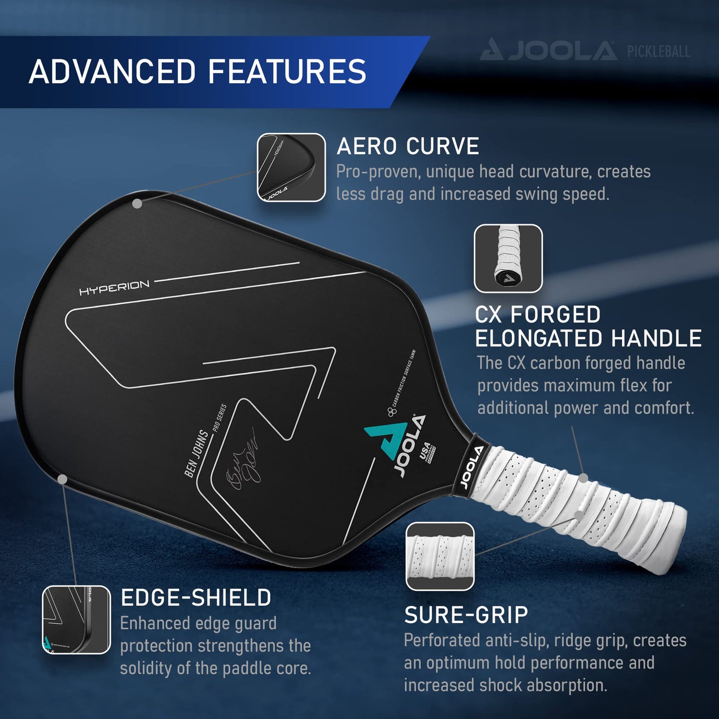 JOOLA Ben Johns Hyperion Pickleball Paddle - Carbon Surface & Sure-Grip Elongated Handle - Increased Power and Spin - Carbon Fiber Pickleball Paddle - Honeycomb Polypropylene Core - USAPA Approved