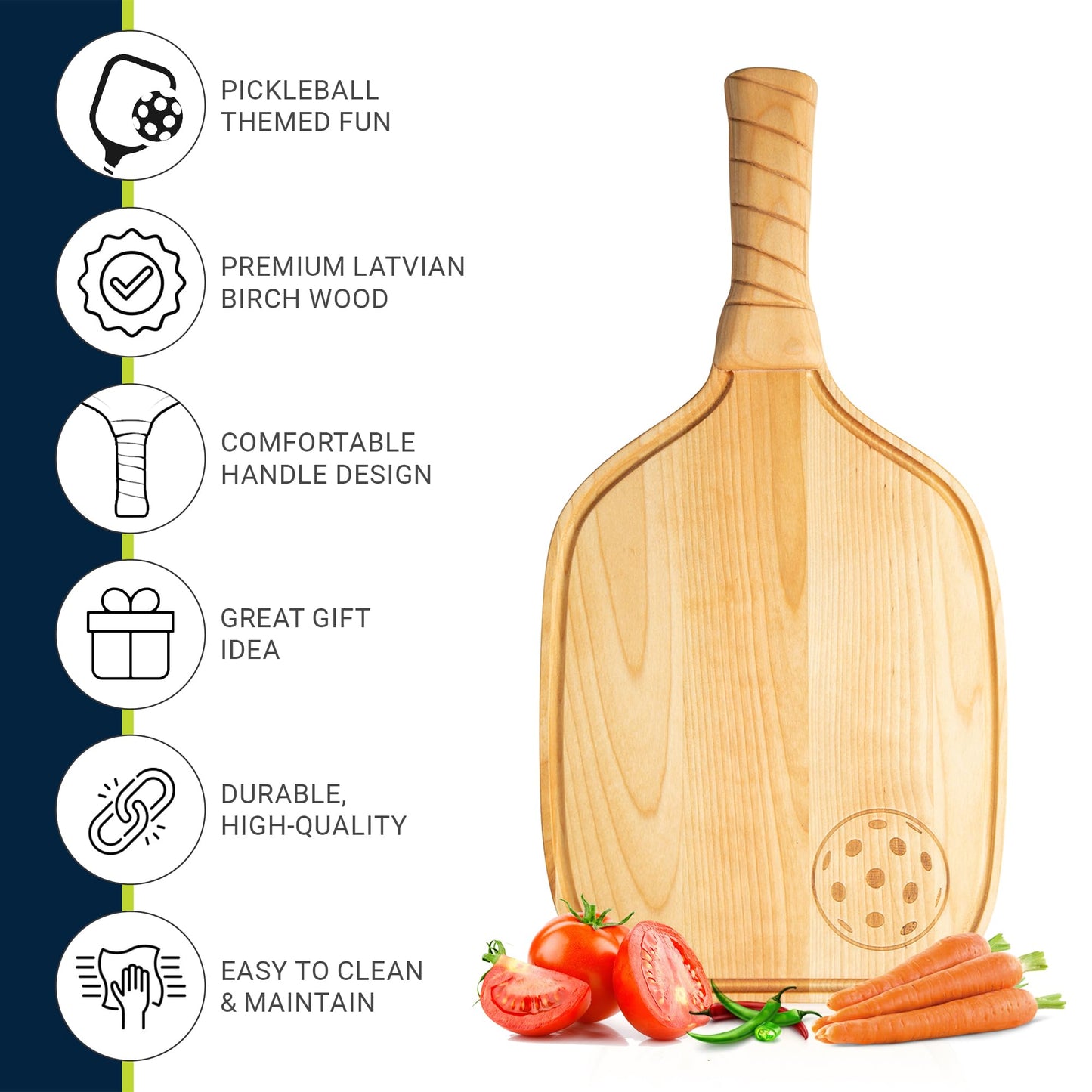 Pickleball Charcuterie & Cutting Board, Pickleball Gift, 17 x 8.5 x 0.75”, Birch Wood, Paddle Shape with Handle, Mineral Oil Finish