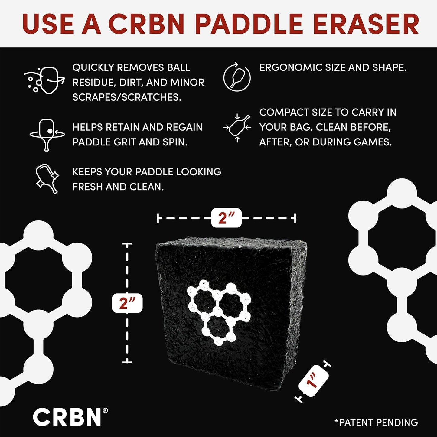 CRBN Pickleball Paddle Eraser, Best Carbon Fiber Pickle Ball Racket Cleaner, Fast & Easy Rubber Bar to Remove Ball Residue, Dirt, & Minor Scrapes/Scratches