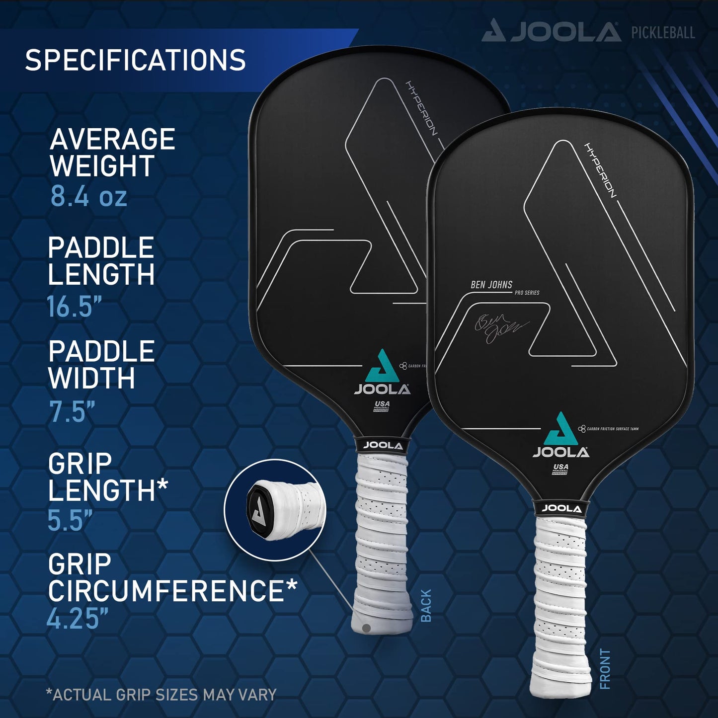 JOOLA Ben Johns Hyperion Pickleball Paddle - Carbon Surface & Sure-Grip Elongated Handle - Increased Power and Spin - Carbon Fiber Pickleball Paddle - Honeycomb Polypropylene Core - USAPA Approved