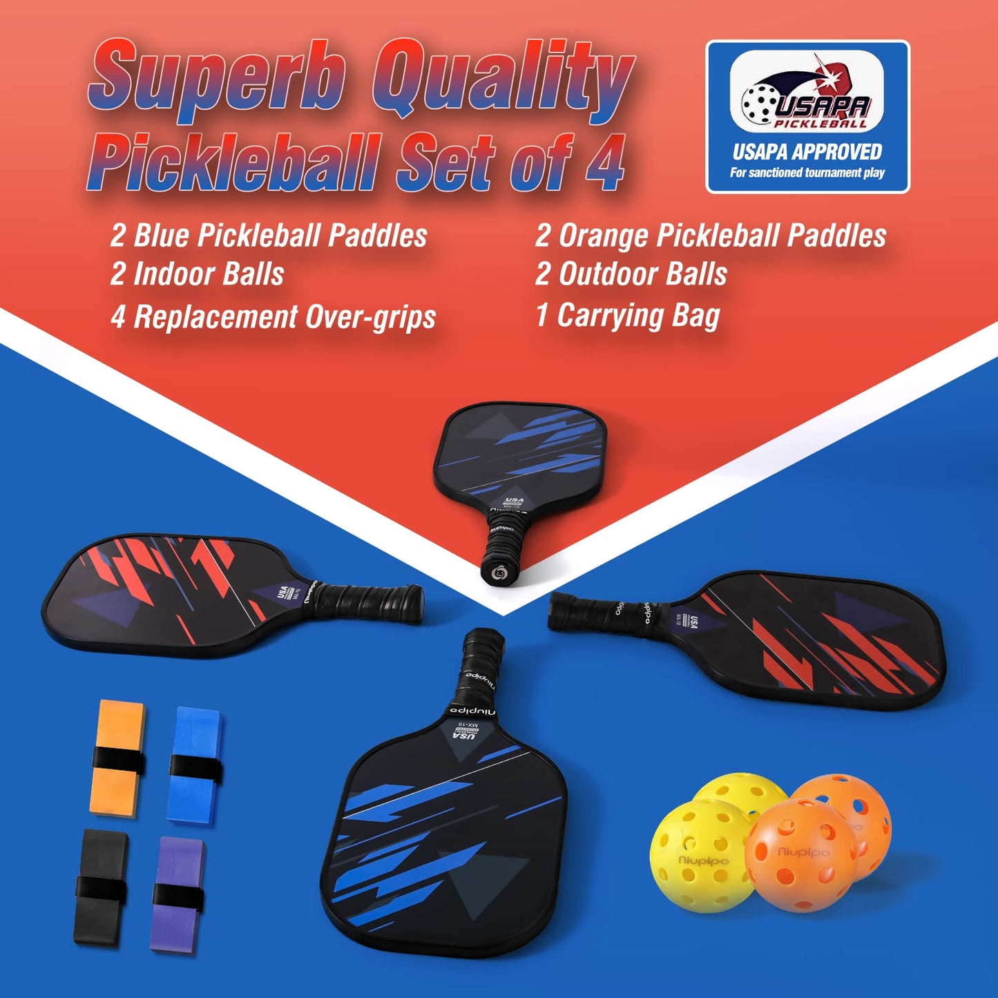 niupipo Pickleball Paddles, USAPA Approved Lightweight Pickleball Rackets, Durable Fiberglass Pickleball Paddles Set with Polypropylene Honeycomb Core