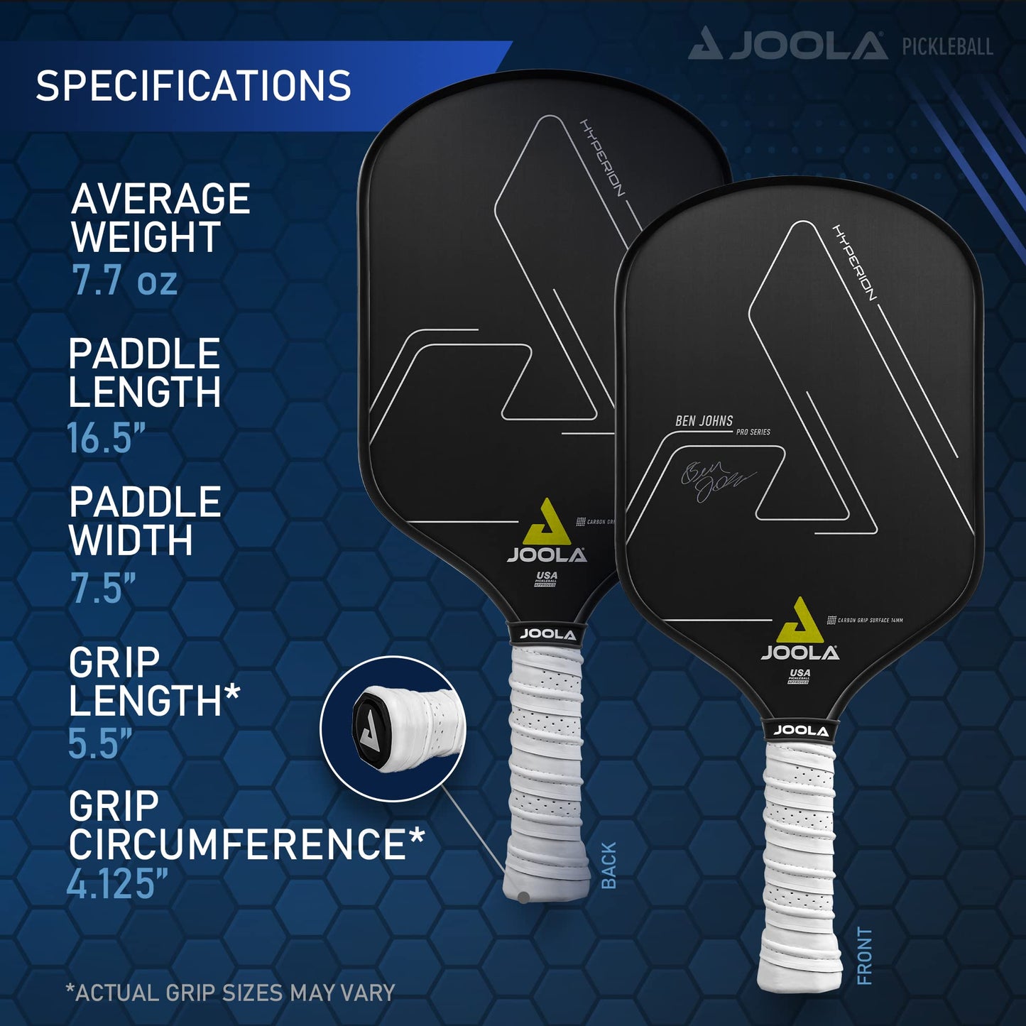 JOOLA Ben Johns Hyperion Pickleball Paddle - Carbon Surface & Sure-Grip Elongated Handle - Increased Power and Spin - Carbon Fiber Pickleball Paddle - Honeycomb Polypropylene Core - USAPA Approved