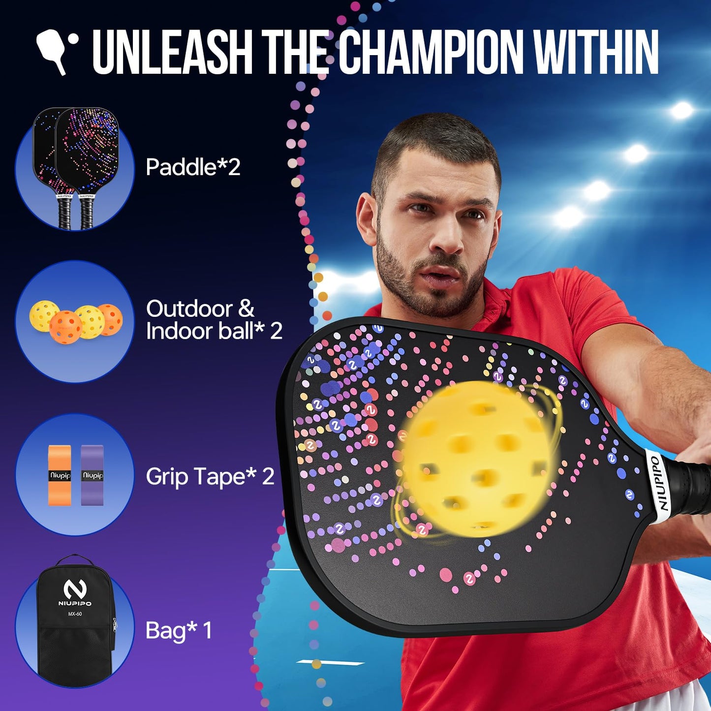 niupipo Pickleball Paddles, USAPA Approved Lightweight Pickleball Rackets, Durable Fiberglass Pickleball Paddles Set with Polypropylene Honeycomb Core