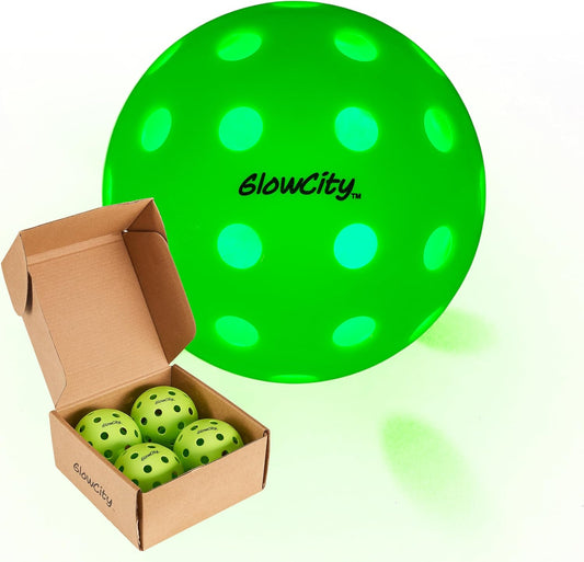 GlowCity Set of 4 LED Pickleball Set: Illuminate Your Game with Dazzling Glow in The Dark Pickleballs- Great for Night Time Play