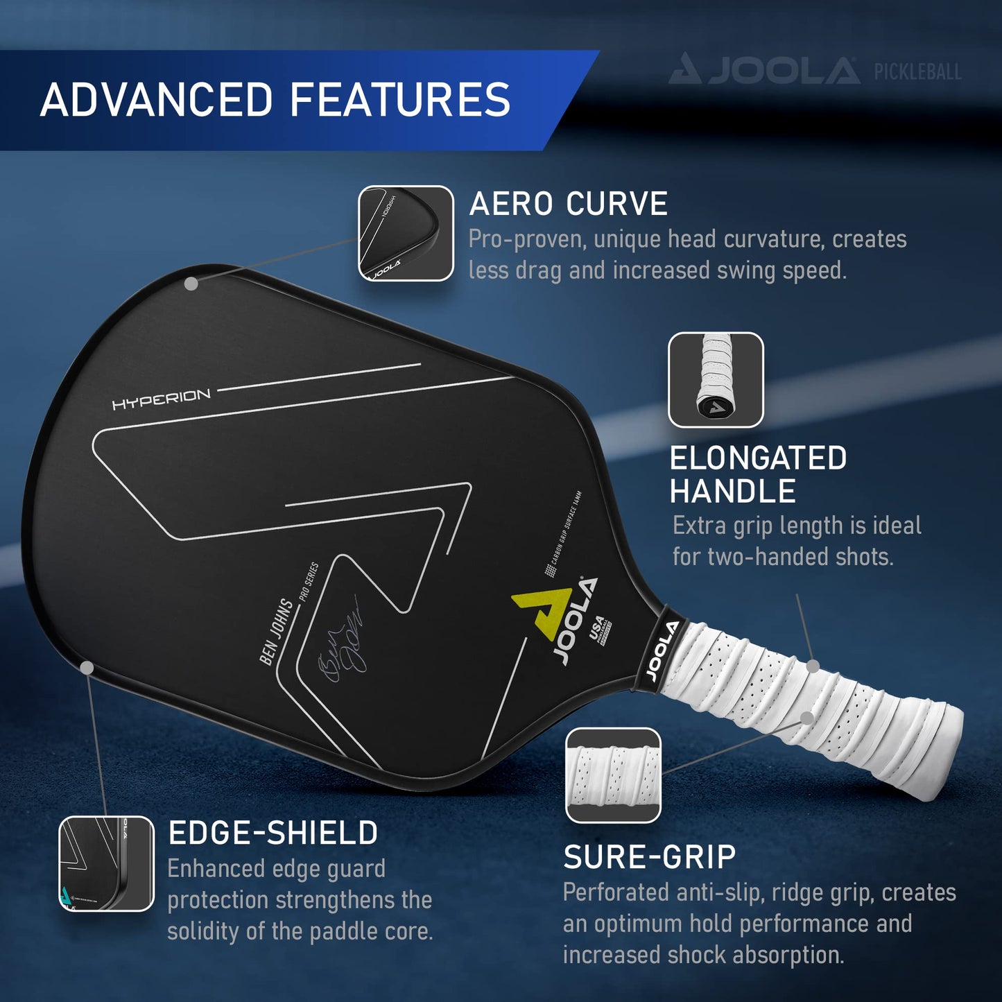 JOOLA Ben Johns Hyperion Pickleball Paddle - Carbon Surface & Sure-Grip Elongated Handle - Increased Power and Spin - Carbon Fiber Pickleball Paddle - Honeycomb Polypropylene Core - USAPA Approved