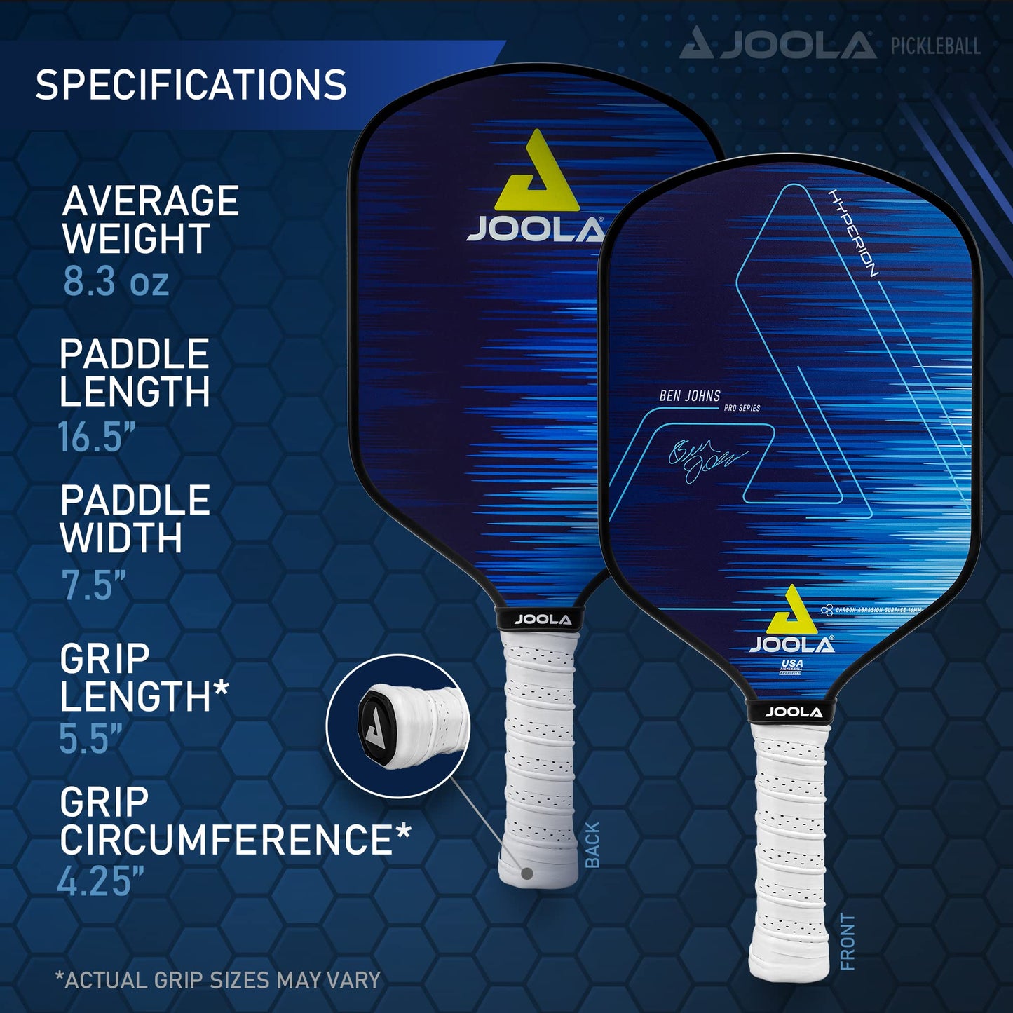 JOOLA Ben Johns Hyperion Pickleball Paddle - Carbon Surface & Sure-Grip Elongated Handle - Increased Power and Spin - Carbon Fiber Pickleball Paddle - Honeycomb Polypropylene Core - USAPA Approved