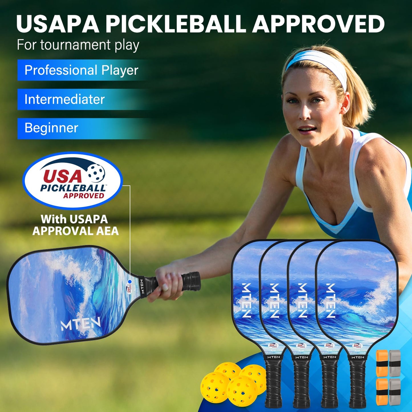 Pickleball Paddles, USAPA Approved Fiberglass Surface Pickleball Set with Pickleball Rackets, Pickleball Paddles Set for Men Women