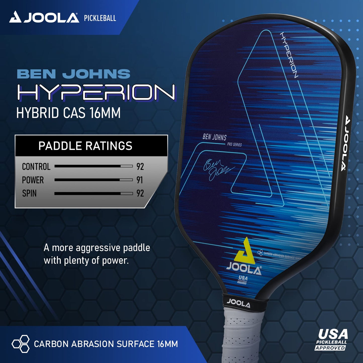 JOOLA Ben Johns Hyperion Pickleball Paddle - Carbon Surface & Sure-Grip Elongated Handle - Increased Power and Spin - Carbon Fiber Pickleball Paddle - Honeycomb Polypropylene Core - USAPA Approved