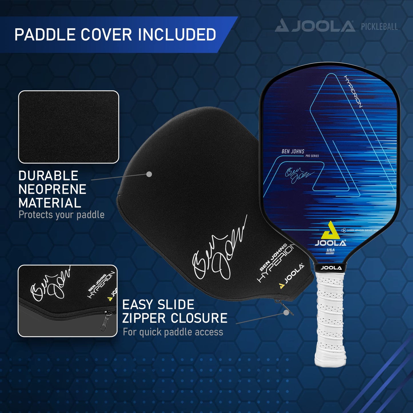 JOOLA Ben Johns Hyperion Pickleball Paddle - Carbon Surface & Sure-Grip Elongated Handle - Increased Power and Spin - Carbon Fiber Pickleball Paddle - Honeycomb Polypropylene Core - USAPA Approved