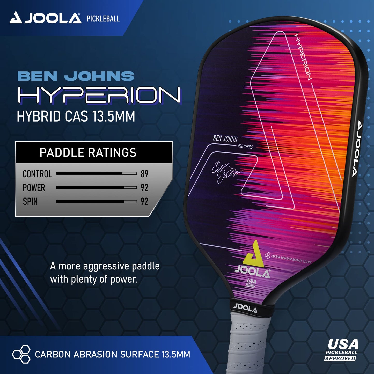 JOOLA Ben Johns Hyperion Pickleball Paddle - Carbon Surface & Sure-Grip Elongated Handle - Increased Power and Spin - Carbon Fiber Pickleball Paddle - Honeycomb Polypropylene Core - USAPA Approved