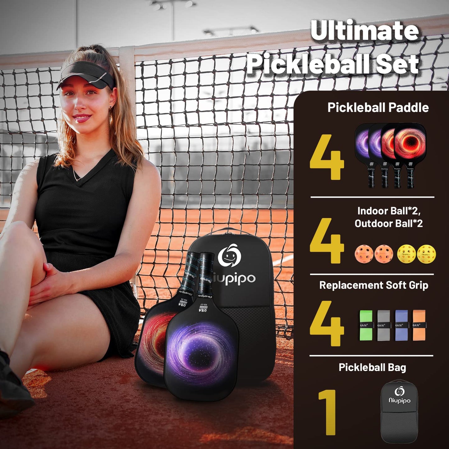 niupipo Pickleball Paddles, USAPA Approved Lightweight Pickleball Rackets, Durable Fiberglass Pickleball Paddles Set with Polypropylene Honeycomb Core