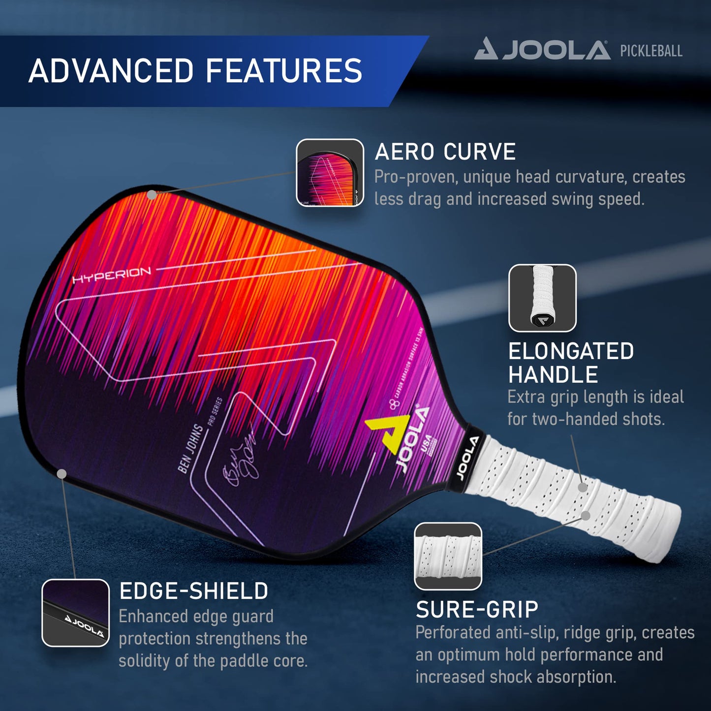 JOOLA Ben Johns Hyperion Pickleball Paddle - Carbon Surface & Sure-Grip Elongated Handle - Increased Power and Spin - Carbon Fiber Pickleball Paddle - Honeycomb Polypropylene Core - USAPA Approved