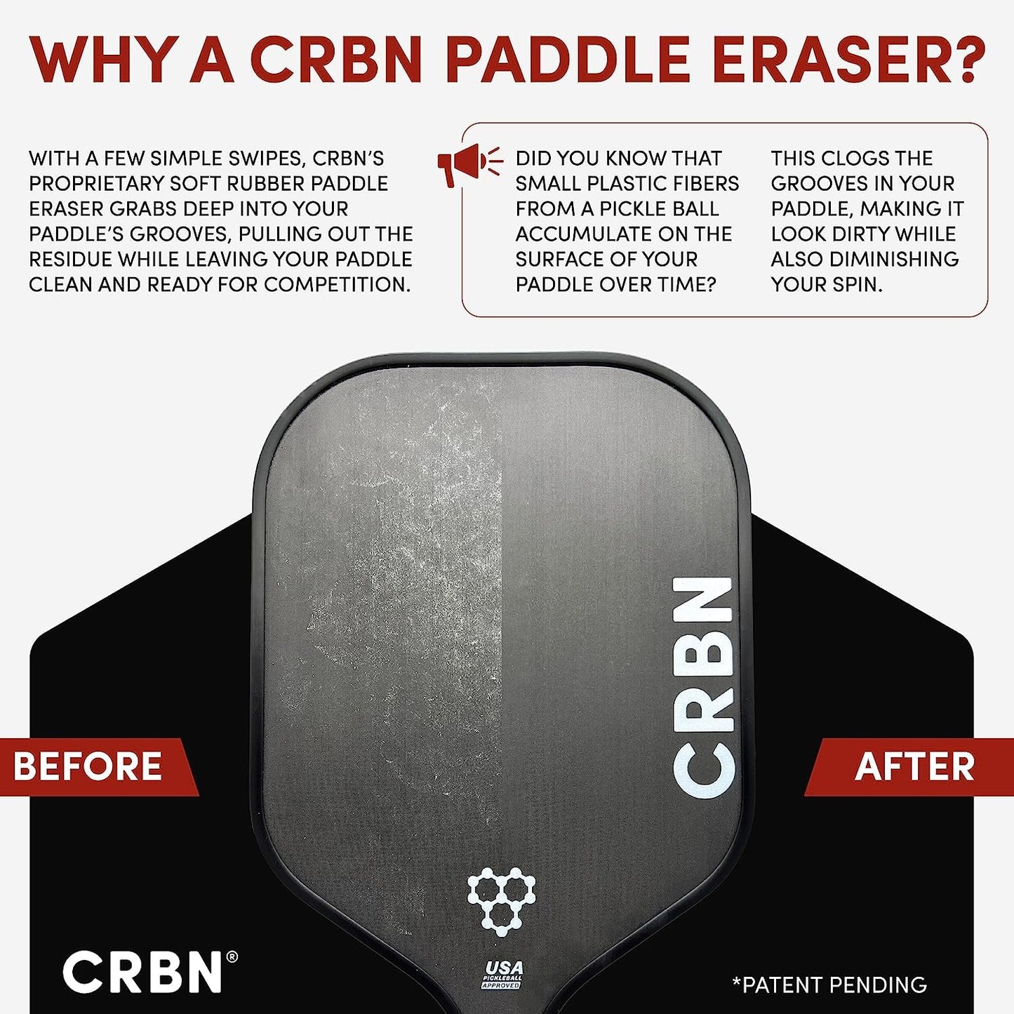 CRBN Pickleball Paddle Eraser, Best Carbon Fiber Pickle Ball Racket Cleaner, Fast & Easy Rubber Bar to Remove Ball Residue, Dirt, & Minor Scrapes/Scratches