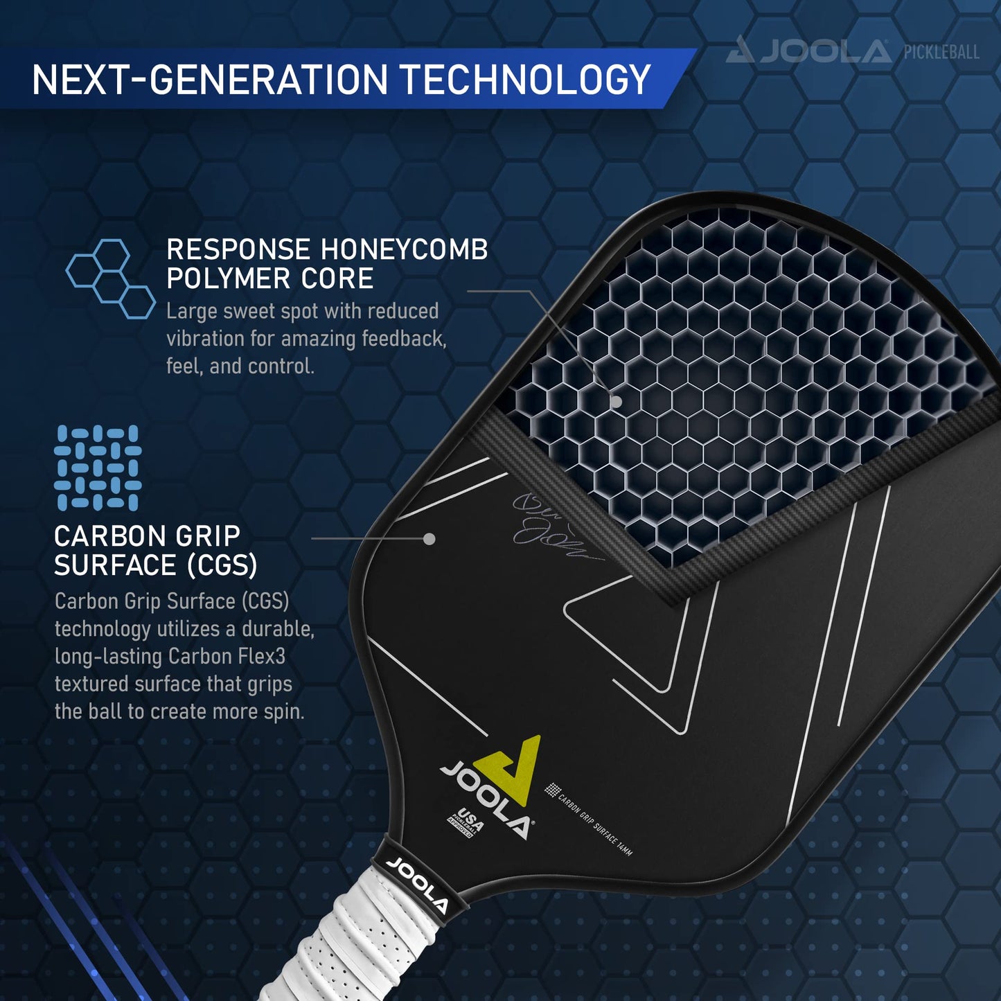 JOOLA Ben Johns Hyperion Pickleball Paddle - Carbon Surface & Sure-Grip Elongated Handle - Increased Power and Spin - Carbon Fiber Pickleball Paddle - Honeycomb Polypropylene Core - USAPA Approved