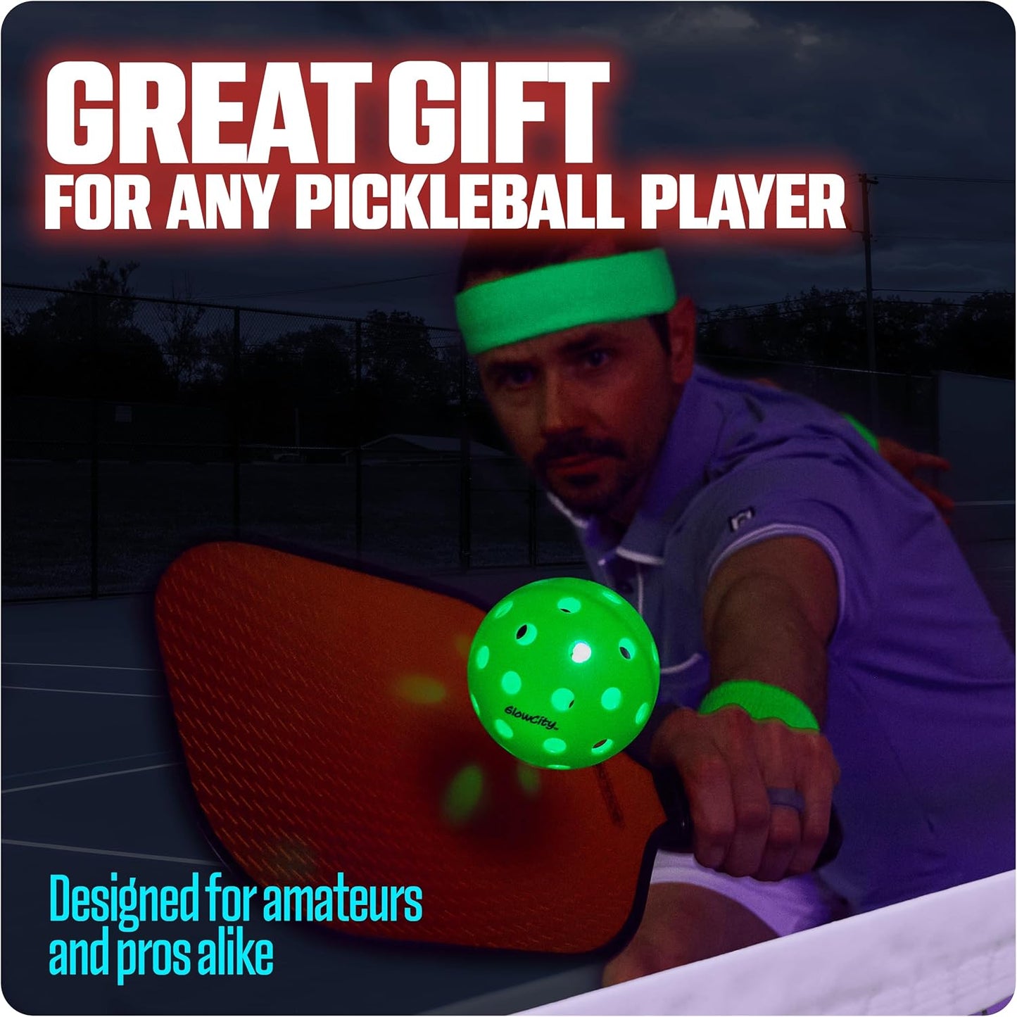 GlowCity Set of 4 LED Pickleball Set: Illuminate Your Game with Dazzling Glow in The Dark Pickleballs- Great for Night Time Play