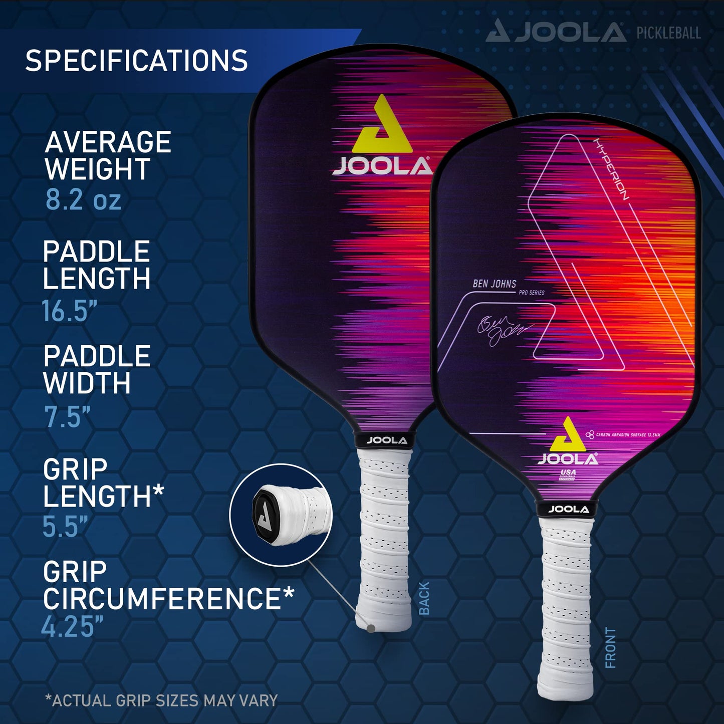 JOOLA Ben Johns Hyperion Pickleball Paddle - Carbon Surface & Sure-Grip Elongated Handle - Increased Power and Spin - Carbon Fiber Pickleball Paddle - Honeycomb Polypropylene Core - USAPA Approved