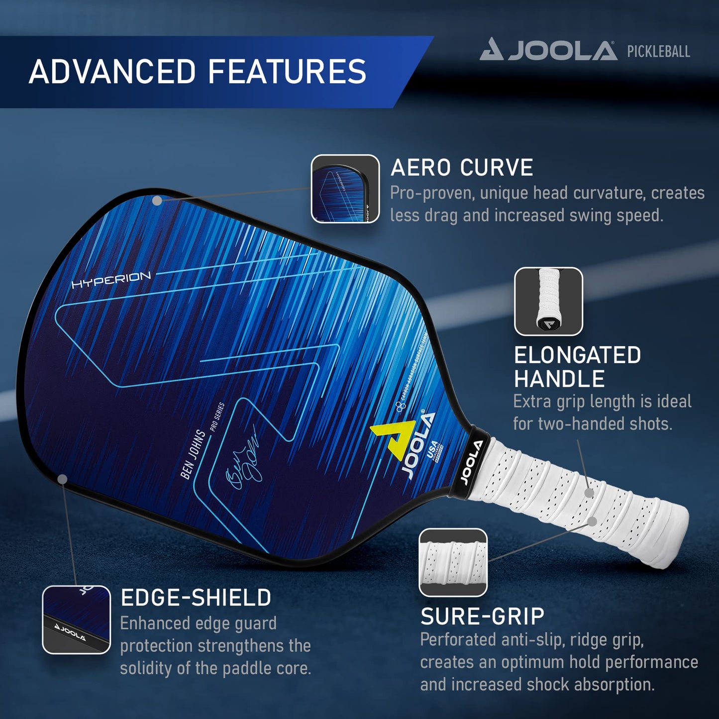 JOOLA Ben Johns Hyperion Pickleball Paddle - Carbon Surface & Sure-Grip Elongated Handle - Increased Power and Spin - Carbon Fiber Pickleball Paddle - Honeycomb Polypropylene Core - USAPA Approved