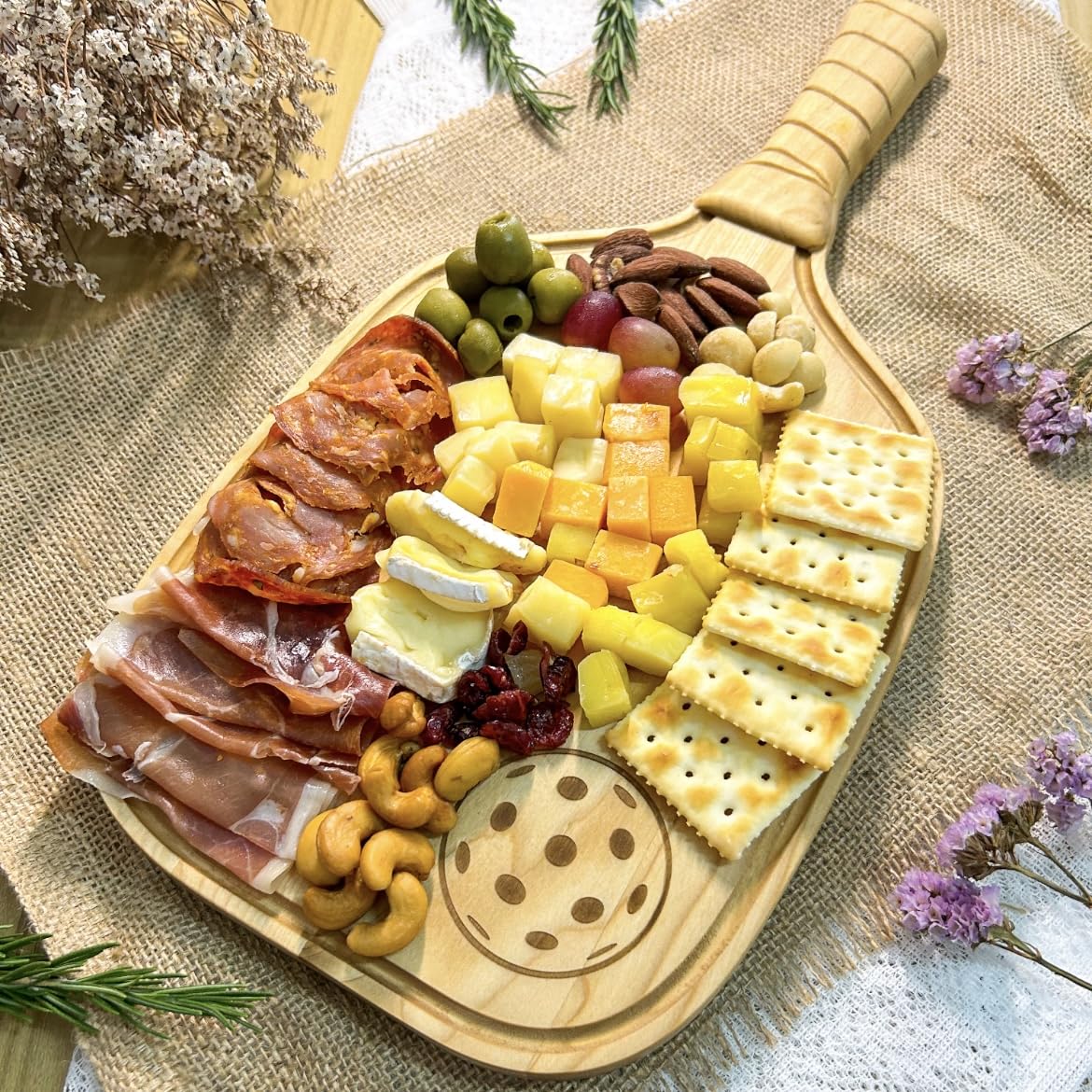 Pickleball Charcuterie & Cutting Board, Pickleball Gift, 17 x 8.5 x 0.75”, Birch Wood, Paddle Shape with Handle, Mineral Oil Finish