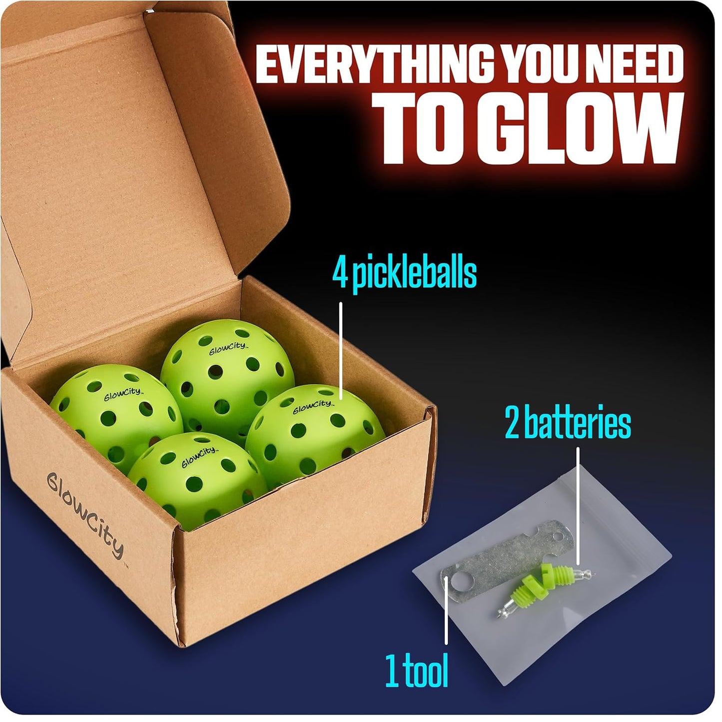 GlowCity Set of 4 LED Pickleball Set: Illuminate Your Game with Dazzling Glow in The Dark Pickleballs- Great for Night Time Play